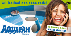 Parco acquatico Aquafan Riccione hotel Vera con offerte sull' ingresso, posto sulla collina accanto le pi famose discoteche, bellissimi giochi acquatici: piscina ad onde, kamikaze, pidriul, silent river, discoteca serale.